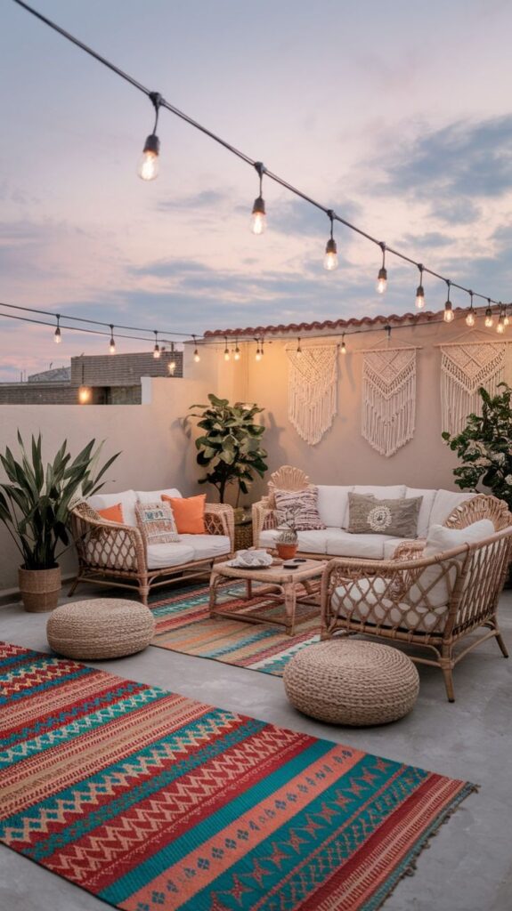 Cozy outdoor patio with string lights, wicker furniture, colorful rugs, and macramé decor at sunset.