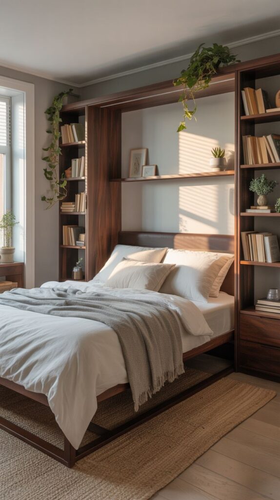 Cozy bedroom with a wooden bookshelf, white bedding, gray blanket, and natural light from a large window.