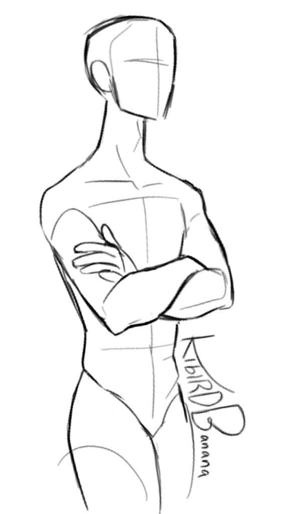 Sketch of a faceless figure with arms crossed, displaying anatomy and posture study.