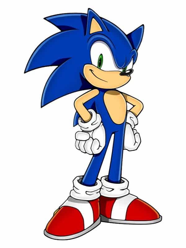 Blue cartoon hedgehog standing confidently, wearing red shoes and gloves, with a cheerful expression.
