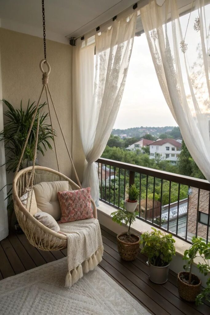 Cozy balcony with hanging chair, cushions, and potted plants, draped in sheer curtains with a scenic view.