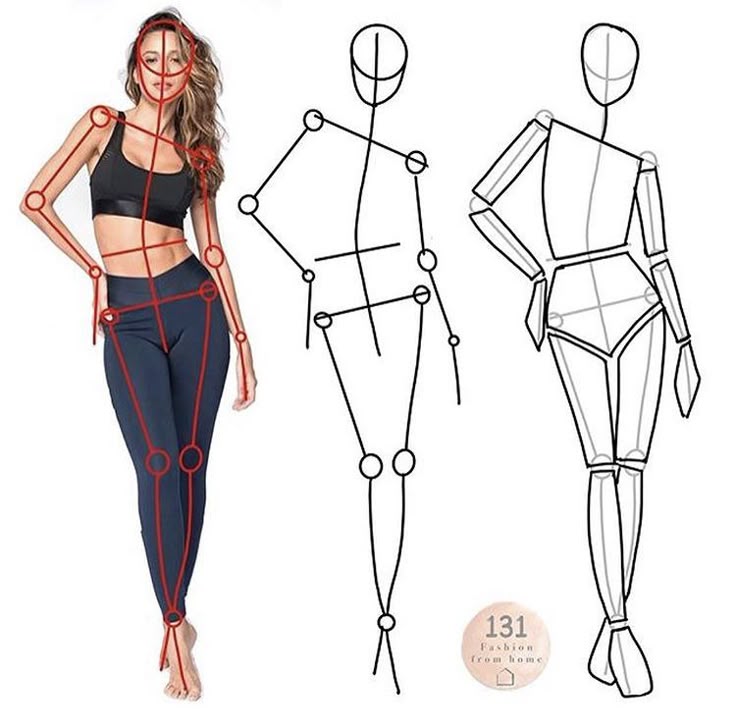 Fashion model and sketch comparison, showing body proportions and pose guides.