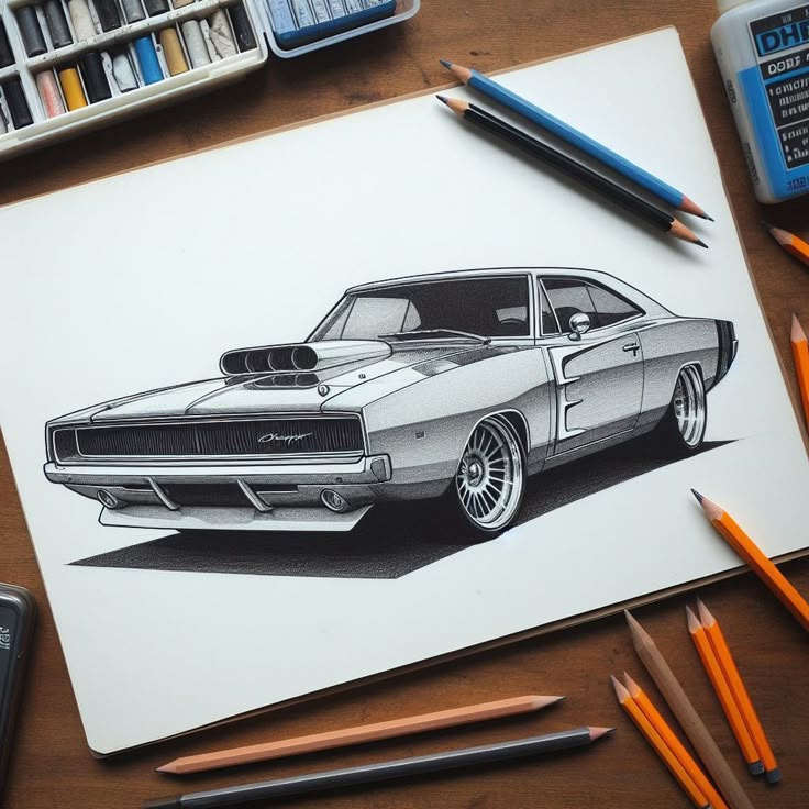 Illustration of a classic muscle car with art supplies on a wooden table background.