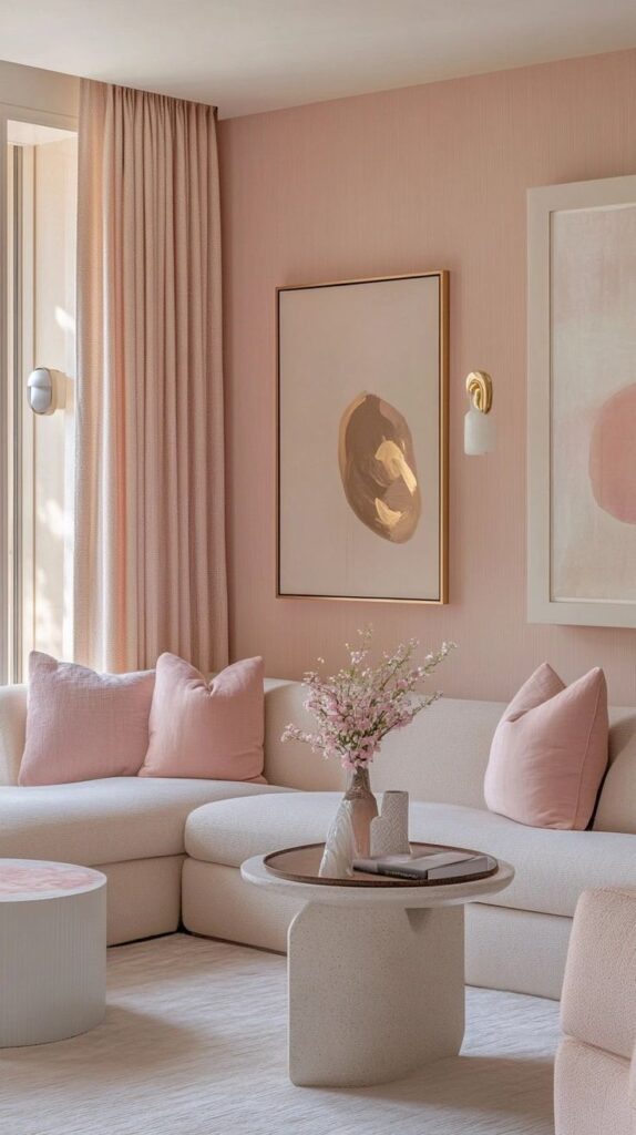 Modern living room with pink accents, abstract art, and cozy beige sofa. Light, airy décor with soft pillows and flowers.