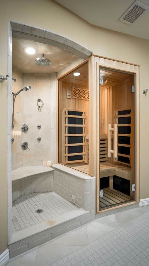 Modern bathroom featuring a tiled shower and adjacent infrared sauna with sleek wooden interior design.