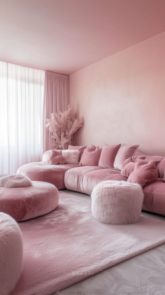 Cozy pink living room with plush sofa and chairs, soft rug, and natural light. Perfect pastel interior design.