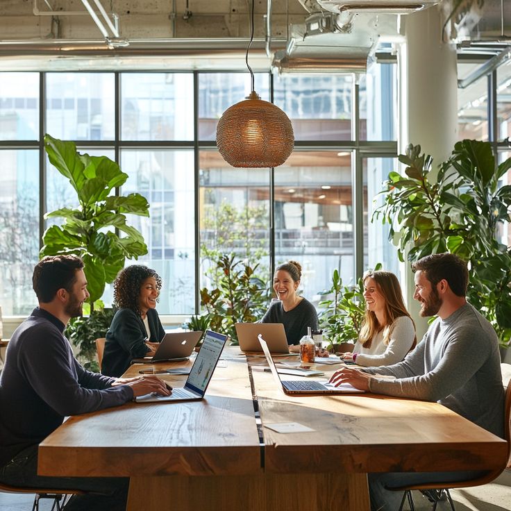 Team collaborating in a bright, plant-filled office space, working on laptops at a wooden table, smiling and engaged.