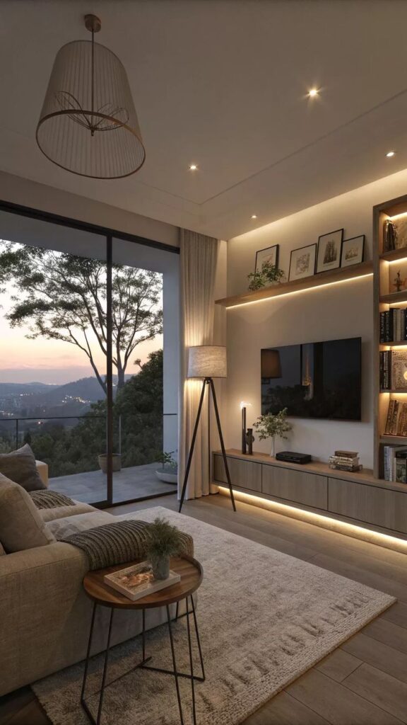 Modern living room with cozy sofa, large TV, bookshelves, ambient lighting, and a scenic sunset view through glass doors.
