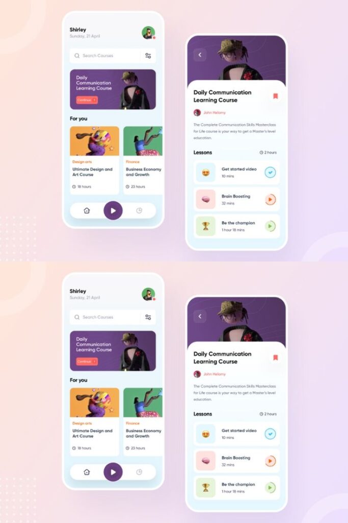 Mobile app interface showing courses, including Daily Communication, Design Arts, and Business Economy with lesson details.