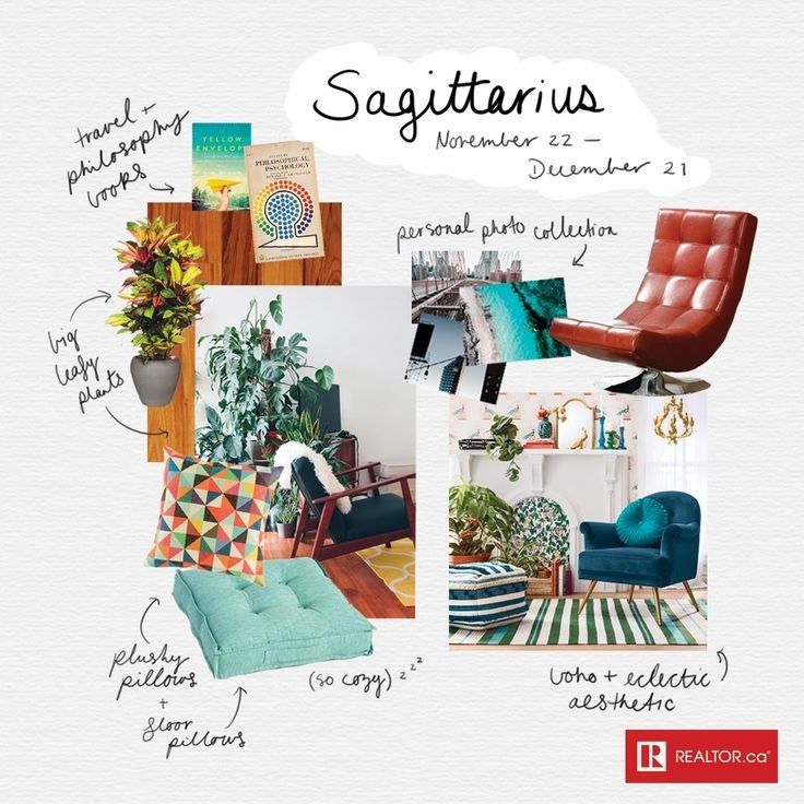 Sagittarius home decor style with plants, cozy pillows, travel books, and eclectic design elements for a warm, vibrant look.