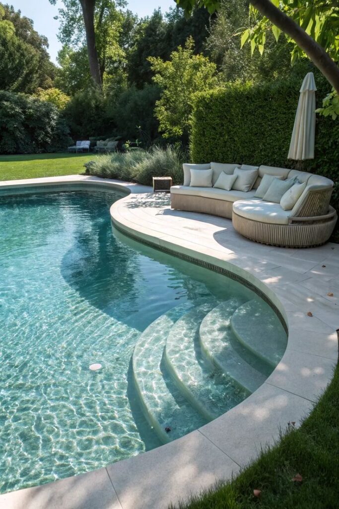 Luxurious poolside with curved sofa and umbrella in a lush green garden setting. Perfect for relaxation and leisure.