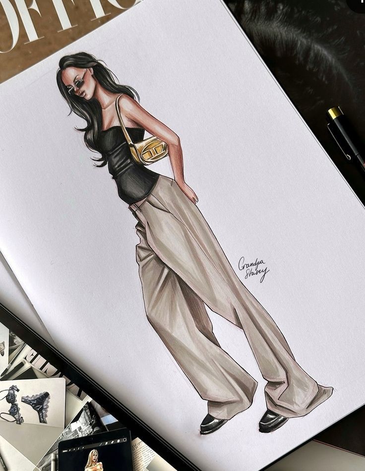Fashion illustration of a stylish woman with sunglasses, black top, beige wide-leg pants, and a gold purse.