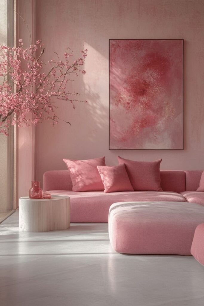 Elegant pink living room with modern sofa, cherry blossom decor, and abstract art for a stylish interior design.