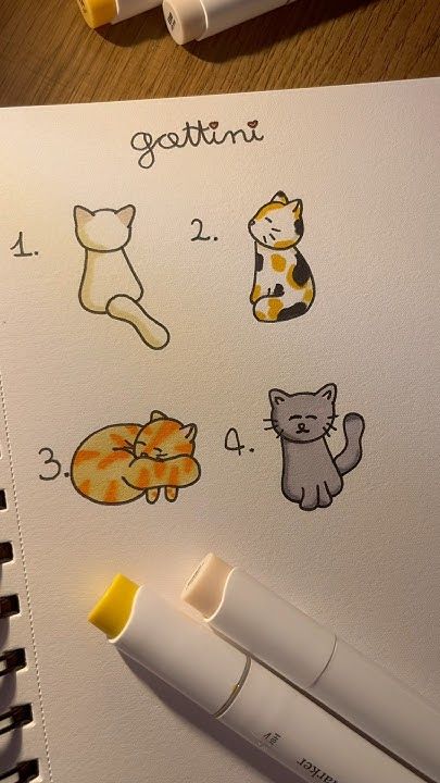 Cute cat sketches labeled 1 to 4 on paper with gattini above, next to yellow markers.