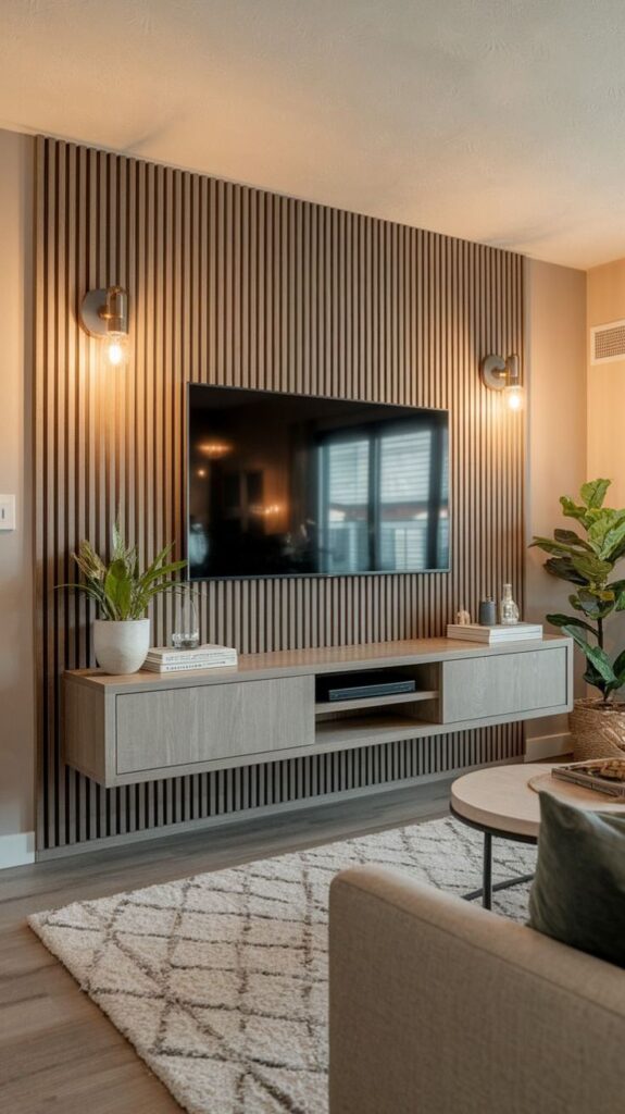 Modern living room with TV, wooden slat wall, floating cabinet, and indoor plants for stylish decor.