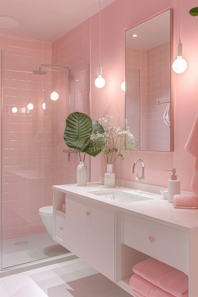 Modern pink bathroom with glass shower, vanity, mirrors, and decorative plants. Elegant and stylish interior design.