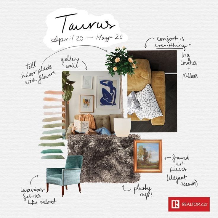 Taurus-inspired home decor with indoor plants, gallery walls, plush rugs, and luxurious fabrics for comfort and style.