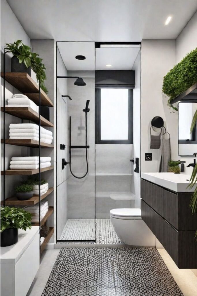 Modern bathroom with glass shower, wooden shelves, and greenery for a sleek, natural look.