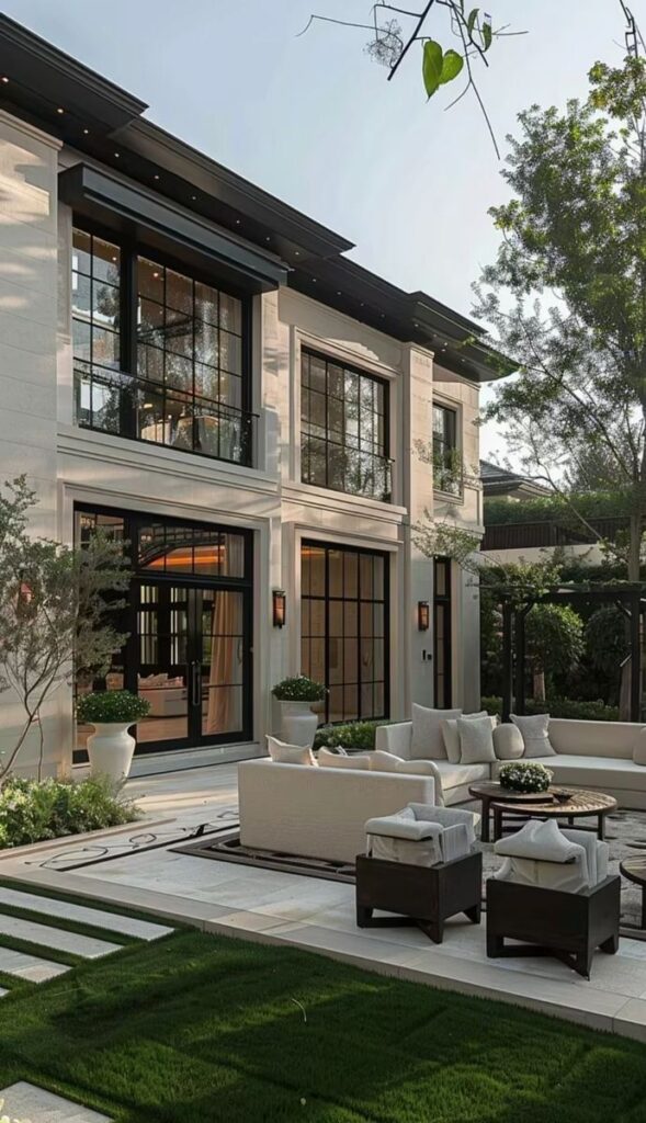 Modern luxury home exterior with spacious patio and stylish outdoor seating, surrounded by lush greenery and trees.