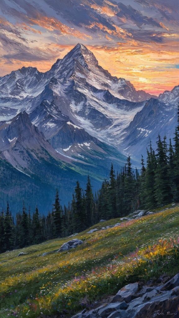 7bd20fca-3155-4c35-9f18-5d0ac668e20d Sunset over snow-capped mountain range, with lush meadow and pine trees in the foreground. | Sky Rye Design Sunset over snow-capped mountain range, with lush meadow and pine trees in the foreground.