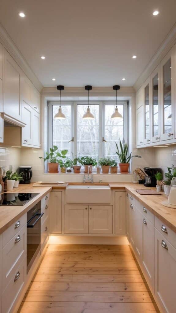Modern kitchen with white cabinets, wooden countertops, houseplants, and pendant lighting creating a cozy atmosphere.