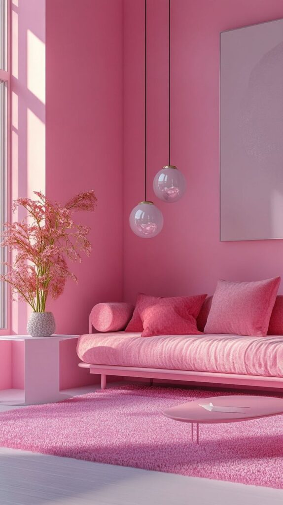 Modern pink living room with sofa, vibrant rug, pendant lights, and decorative plant by sunlit window.