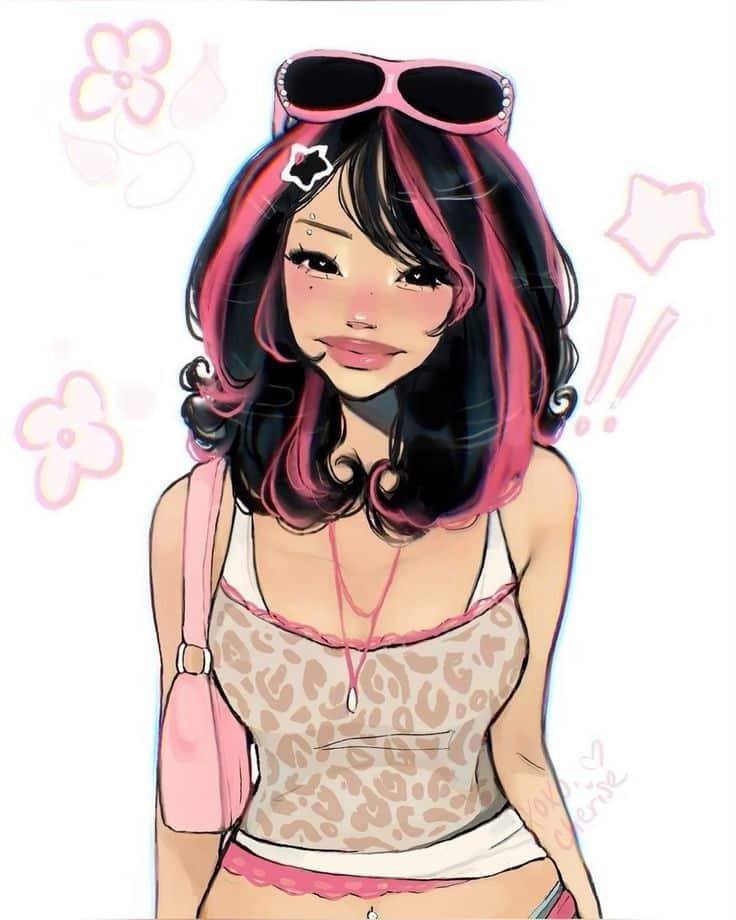 Stylish woman with sunglasses, pink streaked hair, leopard print top, and pink accessories illustrated in a playful style.