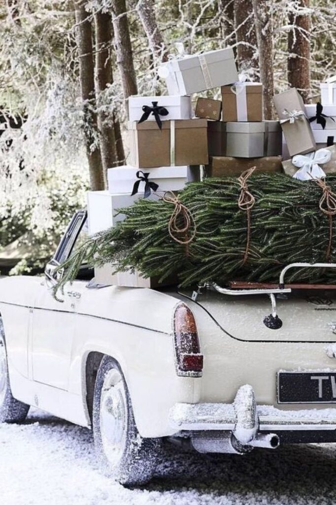 Vintage car carrying gifts and evergreen tree in snowy forest, festive holiday scene.