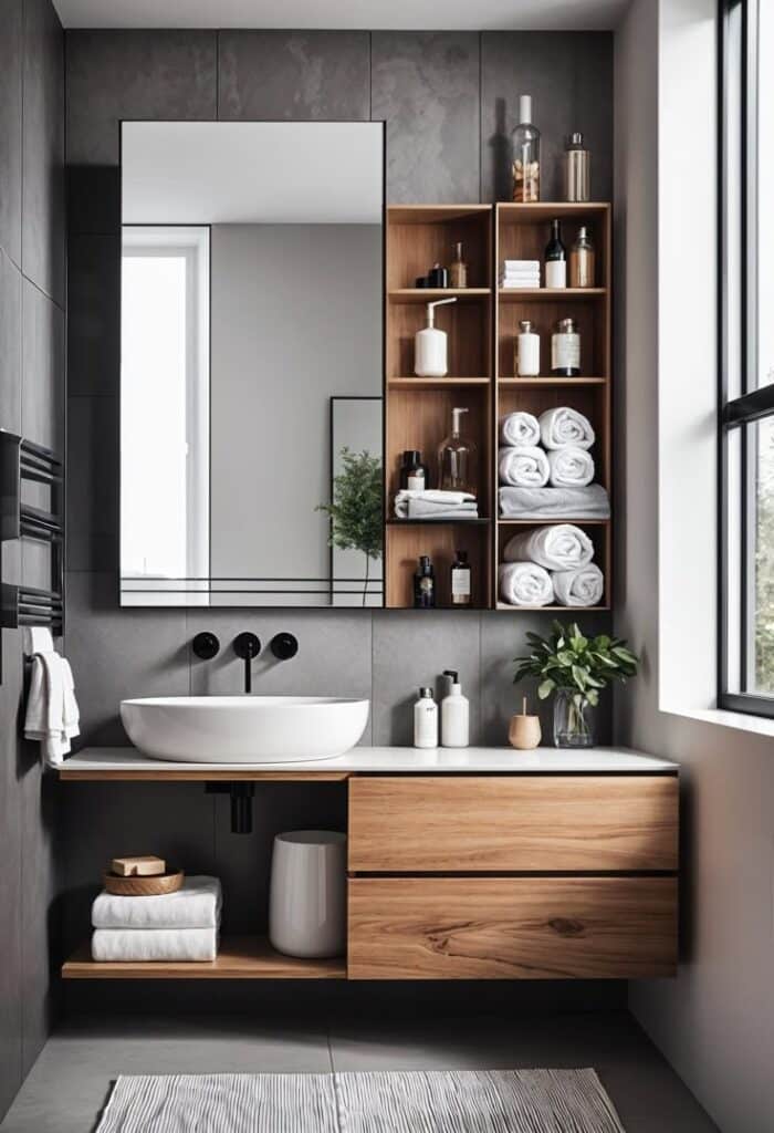 Modern bathroom with wooden vanity, minimalist sink, wall shelves with towels, and large mirror.