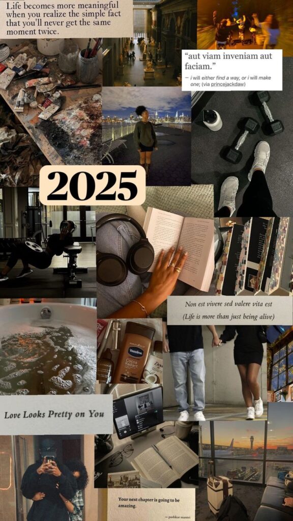 Vision board collage for 2025 goals with quotes, travel, fitness, art, relaxation, and personal growth elements.