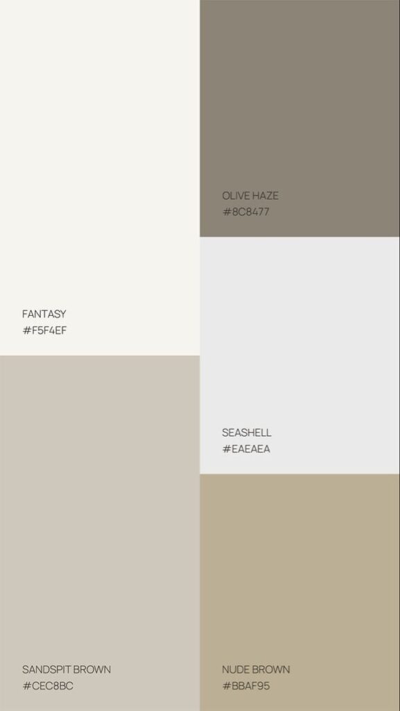 Color palette featuring Fantasy, Sandspit Brown, Olive Haze, Seashell, and Nude Brown with hex codes.