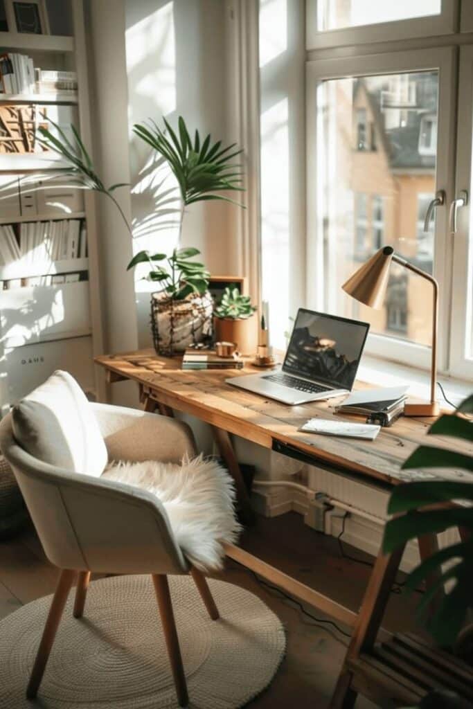 Cozy home office with wooden desk, laptop, and greenery in natural light by large window.