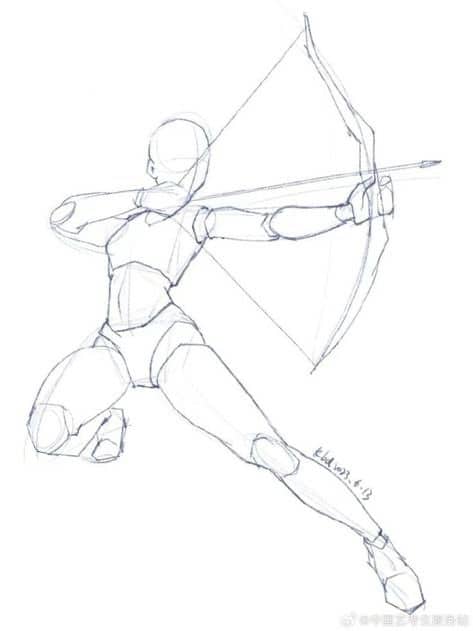 Sketch of an archer drawing a bow, showcasing dynamic pose and movement in line art.