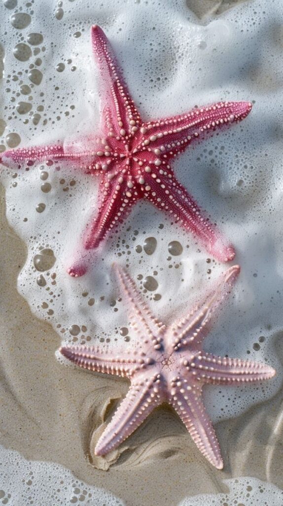 Two starfish on sandy beach with foamy ocean waves surrounding them.