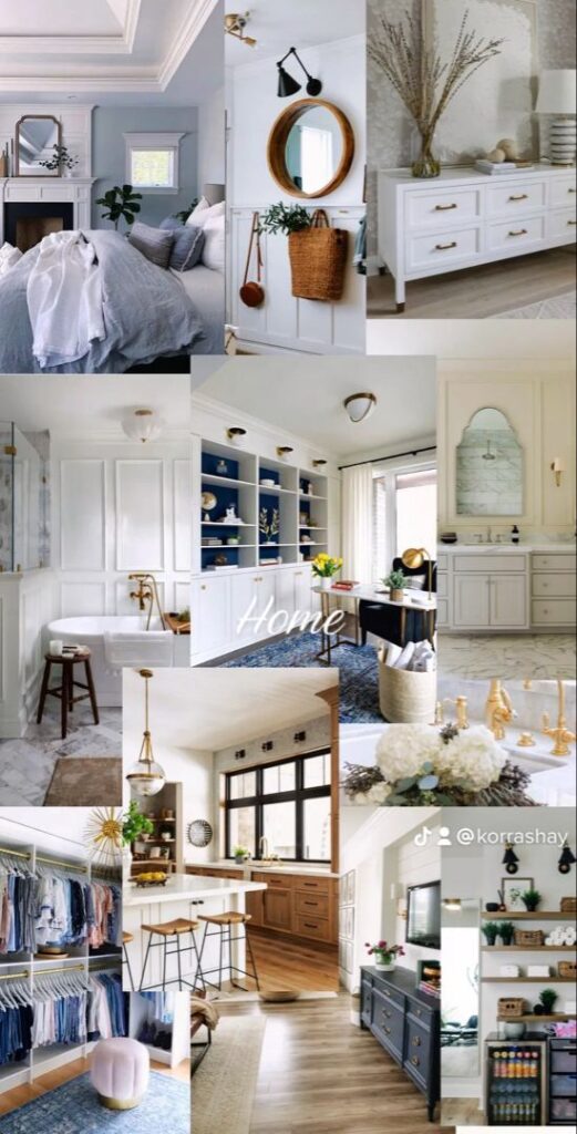 Collage of stylish home interiors, featuring a cozy bedroom, modern kitchens, elegant bathrooms, and organized closets.