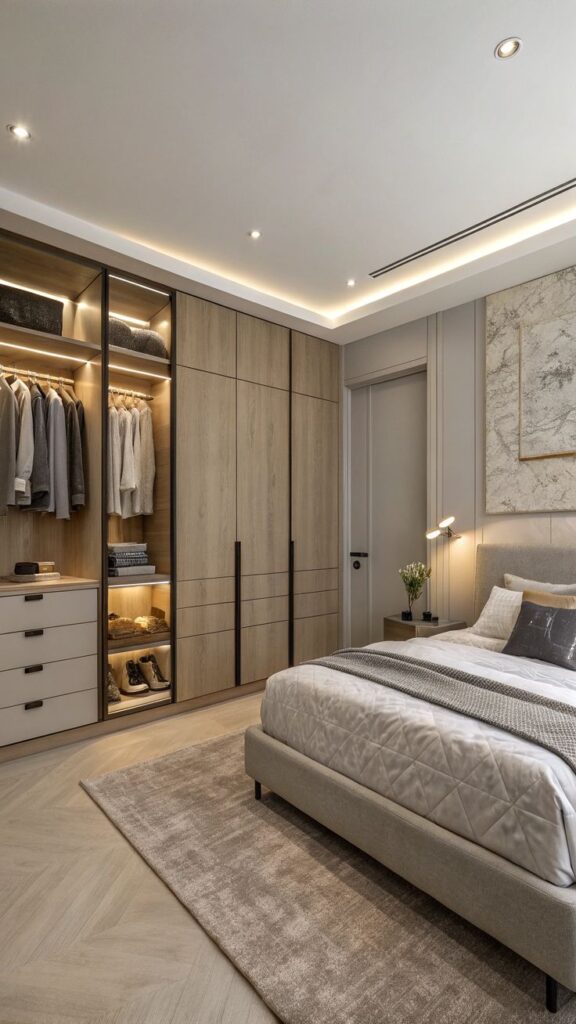 Modern bedroom with beige wardrobe, cozy lighting, and gray bedspread, showcasing sleek design and organization.