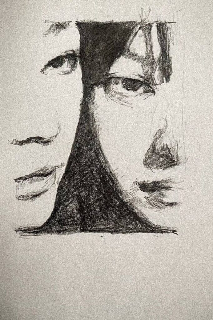Sketch of two faces in profile and frontal view, detailed shading and pencil strokes.