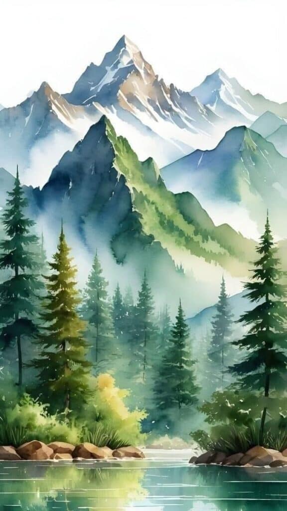Scenic watercolor of mountains and pine trees reflected in a serene lake, evoking tranquility and natural beauty.