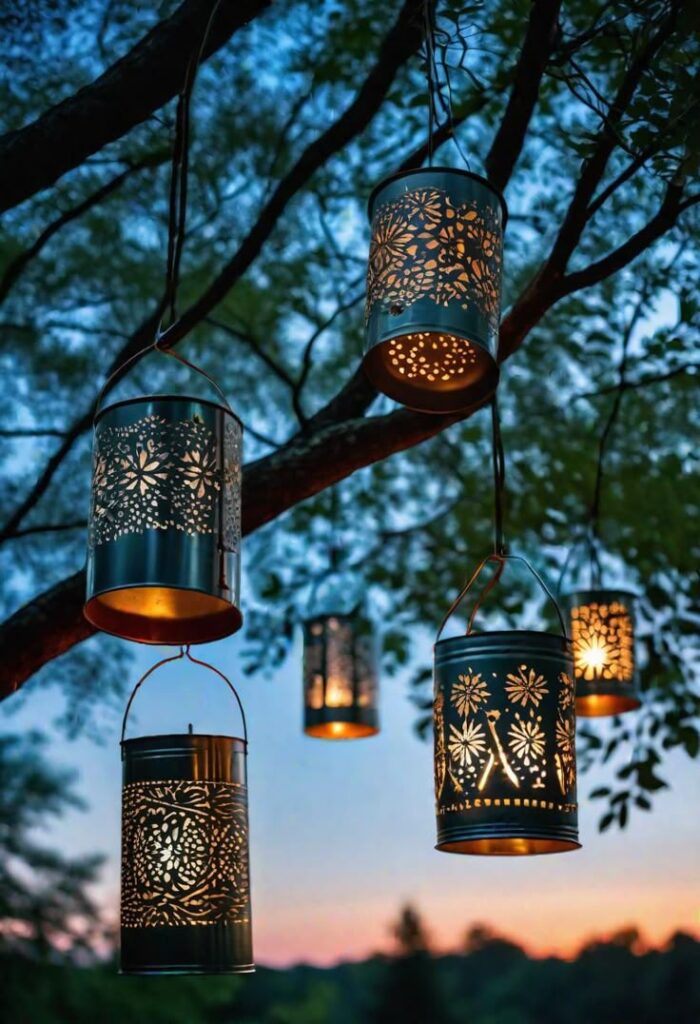 Hanging decorative lanterns illuminate trees against a twilight backdrop.