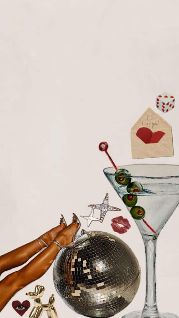 Collage of disco ball, martini with olives, and playful elements like lips, dice, and note with P.S. I love you!