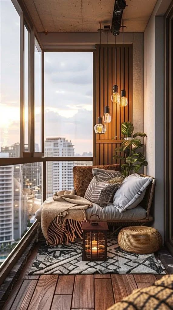 Cozy balcony with cushions, wicker chair, hanging lights, and city view at sunset, perfect for relaxation.
