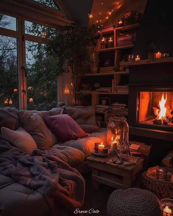 Cozy living room with a crackling fire, soft lighting, plush sofa, and decorative bookshelves for a warm ambiance.