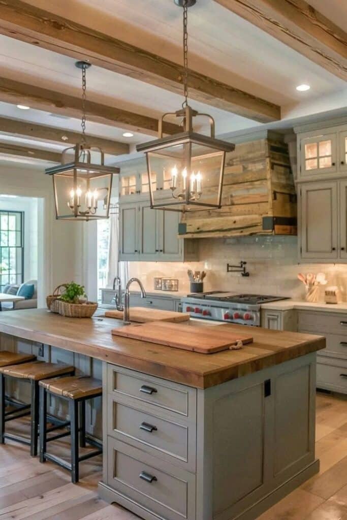 Rustic kitchen with wood beams, an island, pendant lights, and farmhouse decor. Cozy, elegant cooking space.