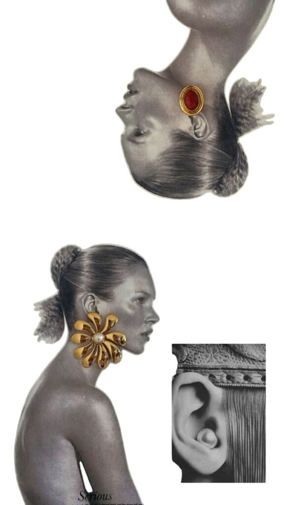 Artistic collage with grayscale faces, vibrant flower and circular earrings, emphasizing bold, conceptual fashion design.