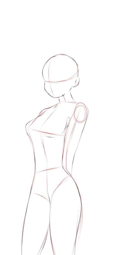 Sketch of a female figure with basic body proportions, highlighting an artist's drawing guide in red and black lines.