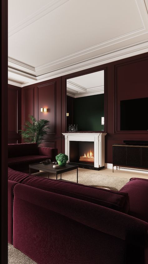 Luxurious living room with maroon walls, cozy fireplace, velvet sofas, and elegant decor.