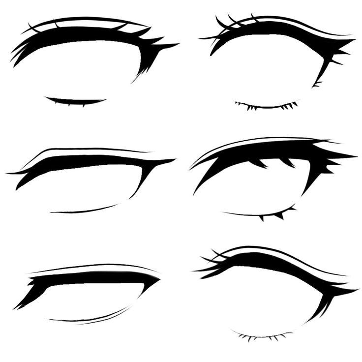 Various anime eye styles in black and white, showcasing diverse lash designs and eyebrow shapes.