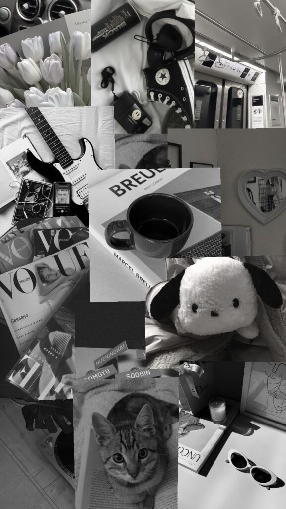 Collage of monochrome items: guitar, books, cat, sneakers, tulips, plush toy, sunglasses, and coffee.