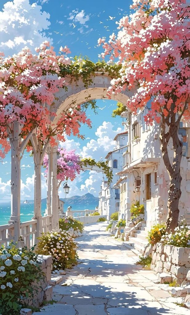 Scenic seaside pathway with blooming pink flowers, arched trellis, and charming stone buildings under a bright blue sky.