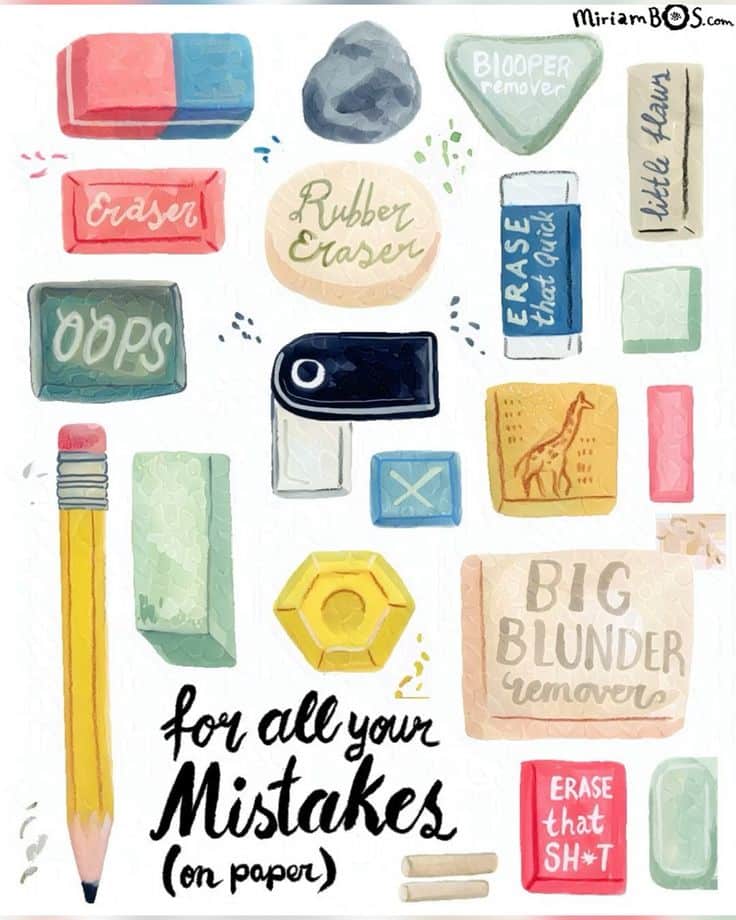 Various colorful erasers and a pencil with humorous labels, displaying creative design for fixing paper mistakes.